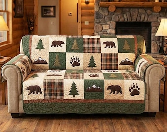 Funda para sofá con diseño de cabaña de oso, funda de sofá con retazos, funda rústica para sofá, protector de sofá con diseño de bosque de montaña, decoración de sala de estar con temática de vida silvestre.