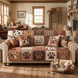 May include: A sofa with a patchwork design featuring paw prints, plaid, and cowhide patterns. Matching cushions and a dog bed with a sleeping dog complete the rustic, country-themed living room. The colour palette includes browns, tans, and creams.
