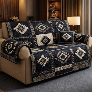 Funda de sofá de lujo estilo suroeste, impresión a pedido, protector de sofá geométrico estilo oeste oscuro, manta de sofá estilo rústico estilo cabaña.