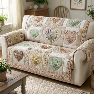 Floral Patchwork Sofa Cover, Vintage Cottage Couch Cover, Heart Quilted Sofa Protector, Farmhouse Slipcover, Soft Floral Furniture Cover