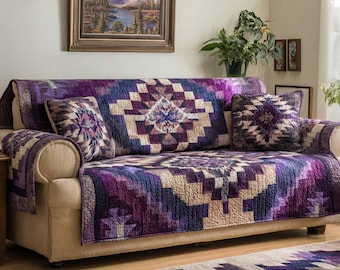 Funda de sofá estilo suroeste, funda de sofá con estampado geométrico tribal, funda bohemia azteca, protector de sofá con estampado morado, decoración rústica para sala de estar.