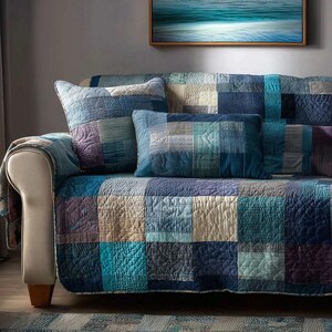May include: A patchwork sofa cover and cushions in various shades of blue, teal, and purple. The quilted design features a variety of textures and patterns. The sofa has a cream-coloured armrest and wooden legs. A framed seascape painting hangs above the sofa.