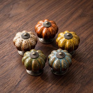 May include: Five pumpkin-shaped cabinet knobs with a glossy, crackled glaze finish in orange, yellow, green, blue, and brown. Each knob features a central, circular, antique bronze-toned metal cap with radial ridges and a matching circular base.