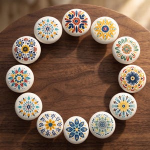 Floral Ceramic Cabinet Knobs, Boho Mandala Drawer Pulls, Folk Art Dresser Handles, Kitchen Cupboard and Nursery Furniture Hardware