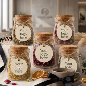 May include: An assortment of glass jars filled with dried herbs and flowers, each sealed with a cork and tied with twine. Each jar has a round tag that says "Your logo here". A cup of tea and dried orange slices are in the foreground.