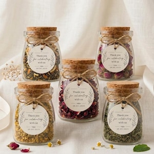Bridal Shower Tea Favors – Herbal Loose Leaf Tea in Glass Jars, Eco Friendly Wedding Guest Gifts, Personalized Mini Tea Party Favors Bulk