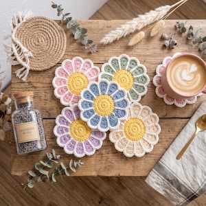 Juego de posavasos de flores en PDF, patrón de ganchillo para principiantes, bonita decoración floral para mesa (hazlo tú mismo), patrón de posavasos de margaritas a ganchillo.