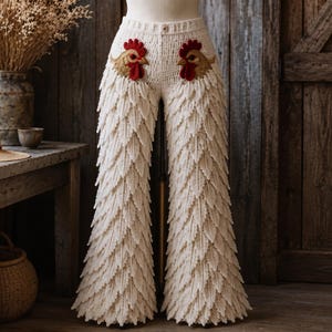 May include: Cream-colored crochet pants featuring a textured feather-like stitch pattern throughout the legs. The waistband includes two embroidered rooster head appliqués in shades of red, gold, and brown, positioned at the front hips.