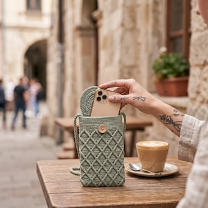 Op de afbeelding: Een saliegroen gehaakt crossbody telefoontasje met een ruitpatroon aan de voorzijde, een ronde flap en een enkele houten knoopsluiting. Het tasje is ontworpen om een smartphone in te bewaren en is voorzien van een bijpassende gehaakte schouderband.