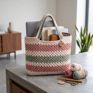 May include: A crochet tote bag featuring horizontal stripes in cream, dusty pink, and sage green. The bag contains a laptop, books, and a phone. A round wooden tag labeled "HANDMADE WITH LOVE" hangs from the handle. Nearby are yarn balls and a hook.