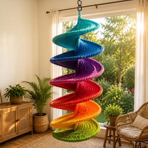 May include: A hanging spiral cat climber featuring a multi-colored crochet design. The structure transitions from turquoise at the top to blue, purple, magenta, red, orange, and yellow, ending with a lime green base, suspended by a metal chain.