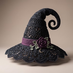 May include: A black crocheted hat with a tall, curled pointed top and a wide, scalloped brim. The hat features a purple band adorned with a dark purple crocheted rose, light green leaves, and a small metallic crescent moon charm hanging below.