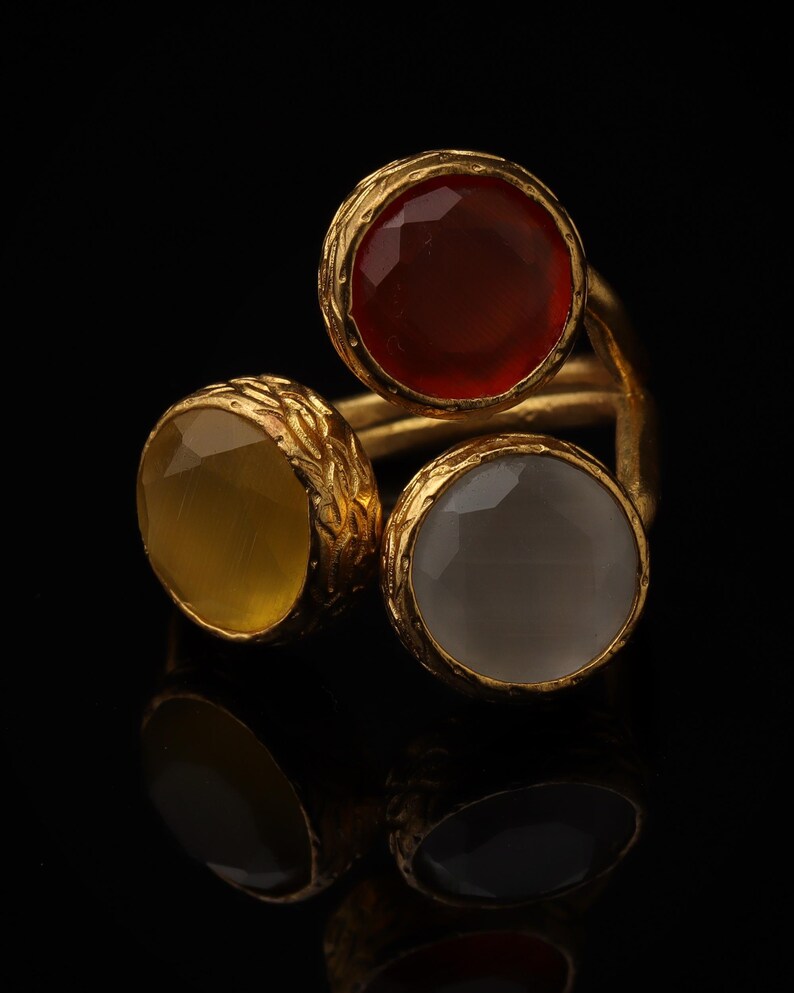 Brown and Yellow Cat Eye Ring, 22K Gold-Plated Adjustable Look image 4