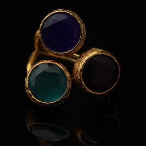 Colorful Ring, Unique Ring, Boho Ring, Art Deco Ring, Cobalt and Forest Green Ring, 22K Gold-Plated Ring, Vintage Style Ring image 1