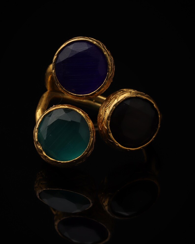 Colorful Ring, Unique Ring, Boho Ring, Art Deco Ring, Cobalt and Forest Green Ring, 22K Gold-Plated Ring, Vintage Style Ring image 1