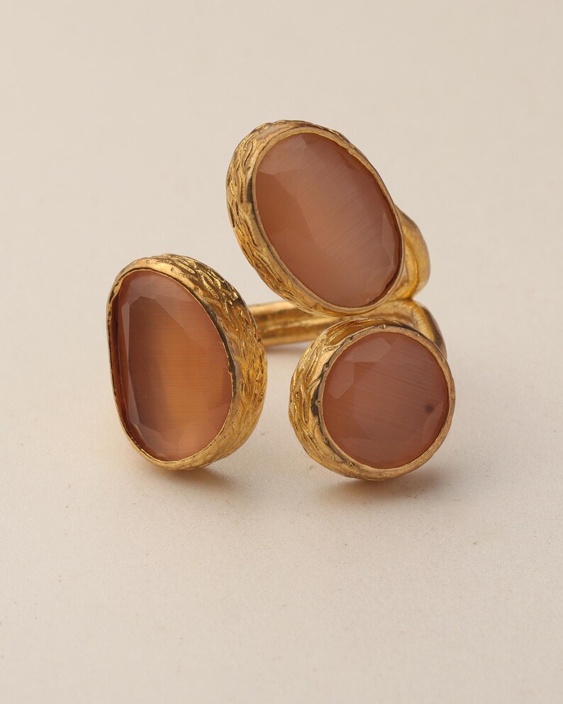 22K Gold-Plated Three Stone Ring, Turkish Ring, Terracotta and Blush Pink Ring, Chunky Ring, Ornate Ring, Maximalist Jewelry image 6