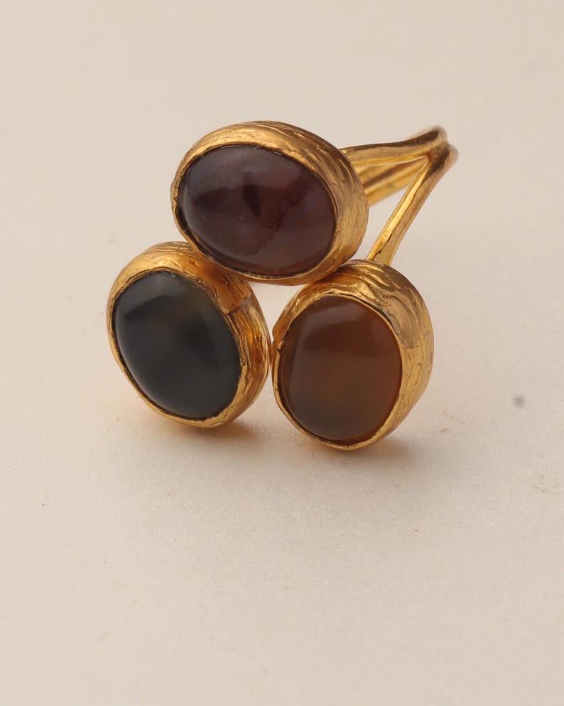22K Gold-Plated Adjustable Ring, Boho Ring, Art Deco Ring, Storm Grey and Sable Ring, Statement Ring, Unique Ring image 8