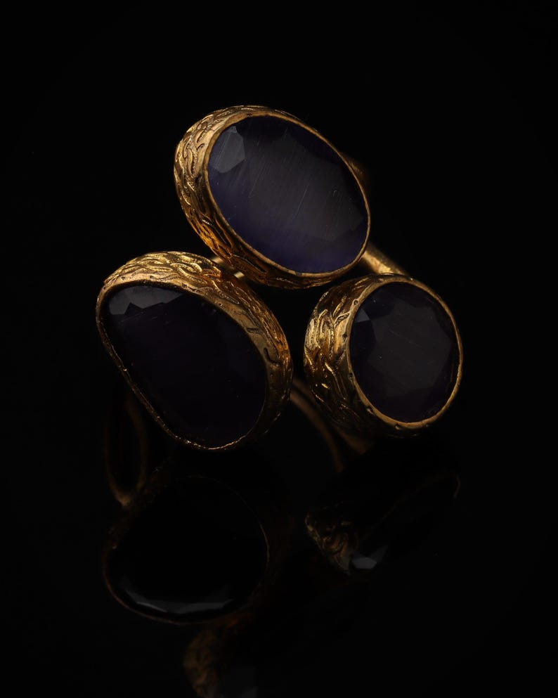 Purple Three Stone Ring, 22K Gold-Plated Adjustable Setting image 1