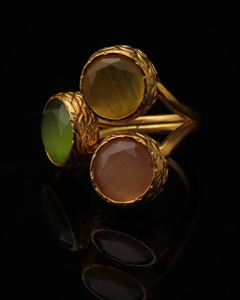 Orange and Green Statement Ring, 22K Gold-Plated Adjustable Band image 5