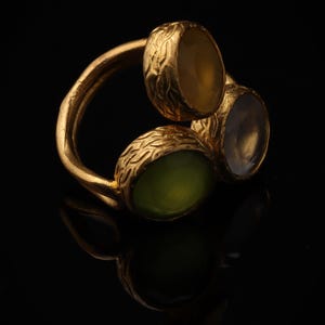 Statement Ring, Butterscotch and Olive Ring, Bold Ring, Cocktail Ring, 22K Gold-Plated Three Stone Ring, Chunky Ring image 2