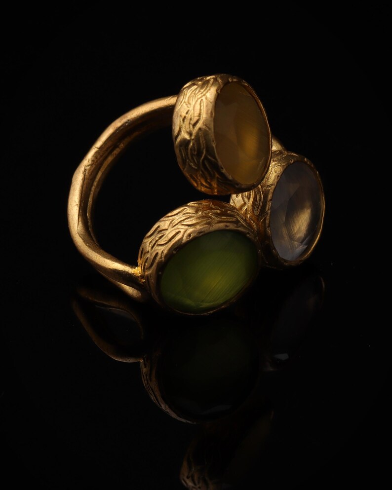 Statement Ring, Butterscotch and Olive Ring, Bold Ring, Cocktail Ring, 22K Gold-Plated Three Stone Ring, Chunky Ring image 2
