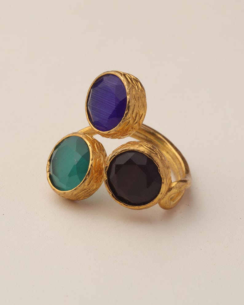 Colorful Ring, Unique Ring, Boho Ring, Art Deco Ring, Cobalt and Forest Green Ring, 22K Gold-Plated Ring, Vintage Style Ring image 9