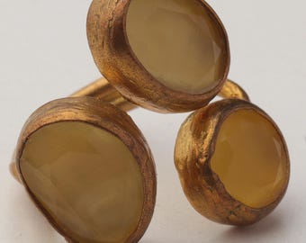Honey and Ochre Ring, Cat Eye Ring, 22K Gold-Plated Three Stone Ring, Boho Ring, Colorful Ring, Cottagecore Ring