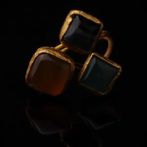 Orange and Green Boho Ring, 22K Gold-Plated Art Nouveau Band image 3
