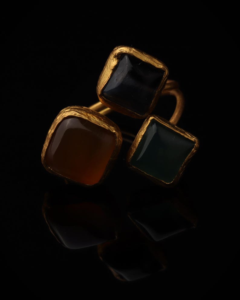 Orange and Green Boho Ring, 22K Gold-Plated Art Nouveau Band image 3