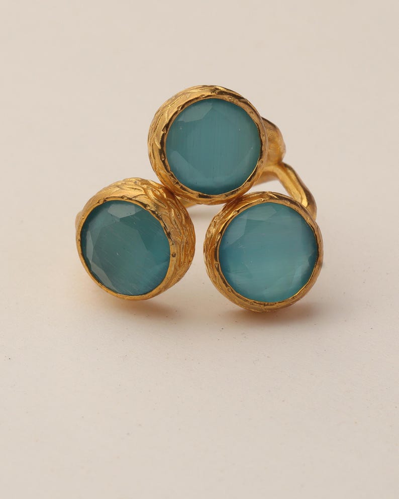 Colorful Ring, Teal and Sea Green Ring, Boho Ring, Cluster Ring, 22K Gold-Plated Ring, Art Deco Ring, Cat Eye Ring image 6