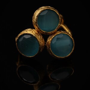 Colorful Ring, Teal and Sea Green Ring, Boho Ring, Cluster Ring, 22K Gold-Plated Ring, Art Deco Ring, Cat Eye Ring image 3