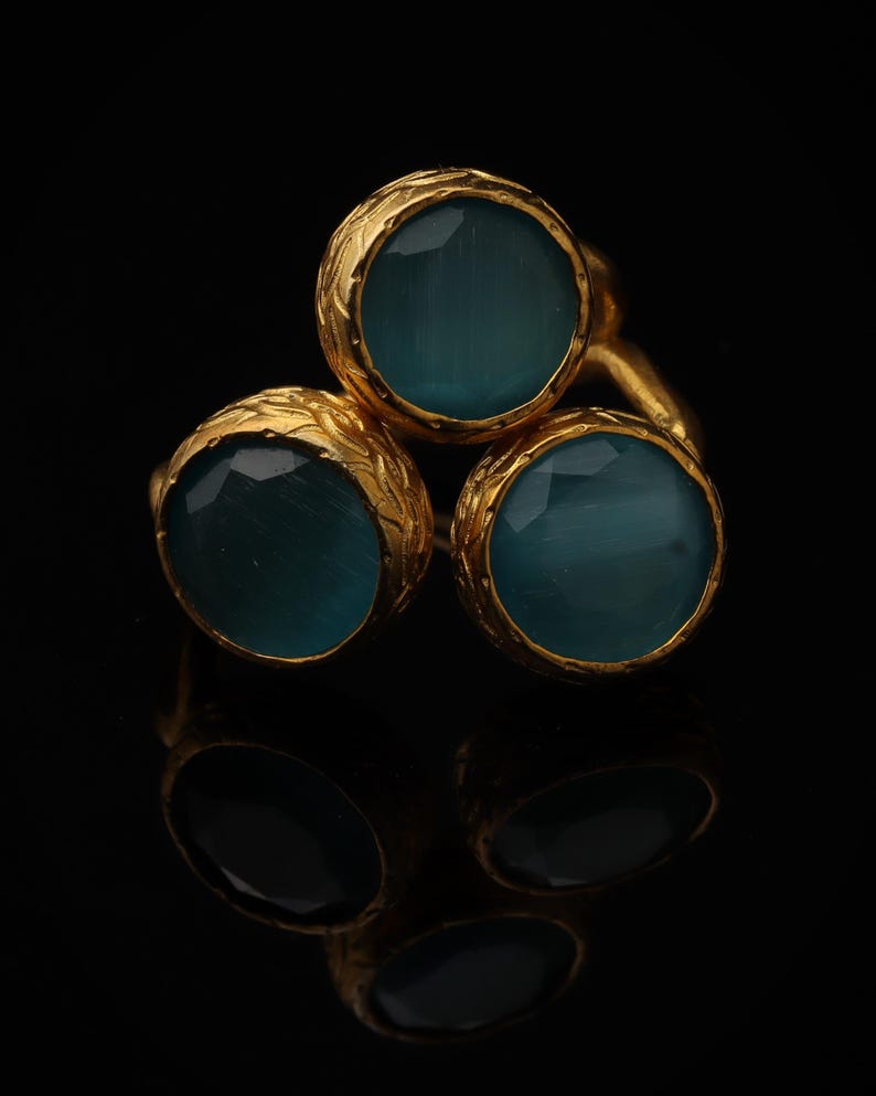 Colorful Ring, Teal and Sea Green Ring, Boho Ring, Cluster Ring, 22K Gold-Plated Ring, Art Deco Ring, Cat Eye Ring image 3
