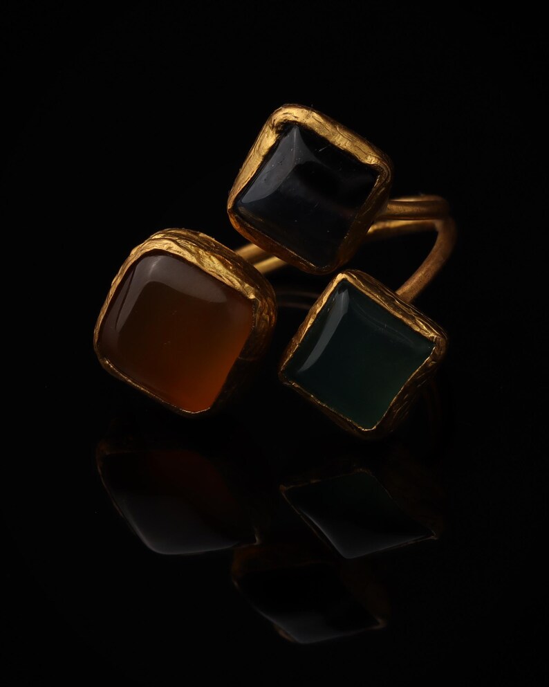 Orange and Green Boho Ring, 22K Gold-Plated Art Nouveau Band image 4