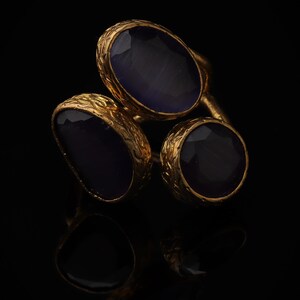 Purple Three Stone Ring, 22K Gold-Plated Adjustable Setting image 3