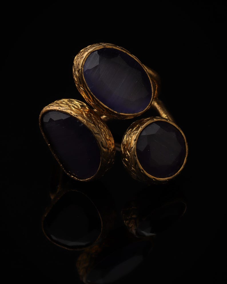 Purple Three Stone Ring, 22K Gold-Plated Adjustable Setting image 3