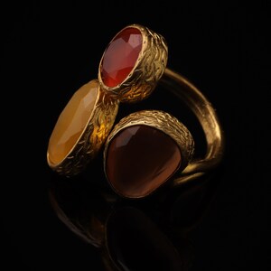 Red and Brown Cocktail Ring, 22K Gold-Plated Boho Band image 5