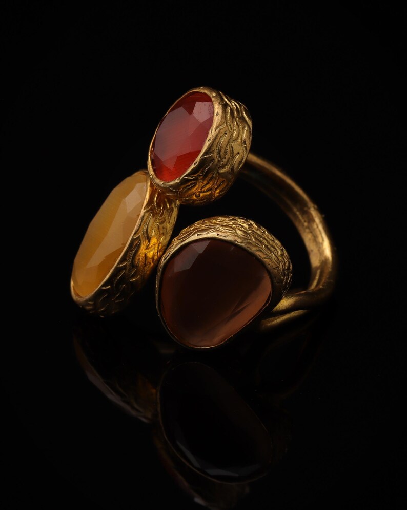 Red and Brown Cocktail Ring, 22K Gold-Plated Boho Band image 5