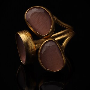 22K Gold-Plated Three Stone Ring, Cocktail Ring, Statement Ring, Heather Pink and Mulberry Ring, Chunky Ring, Gothic Ring image 5