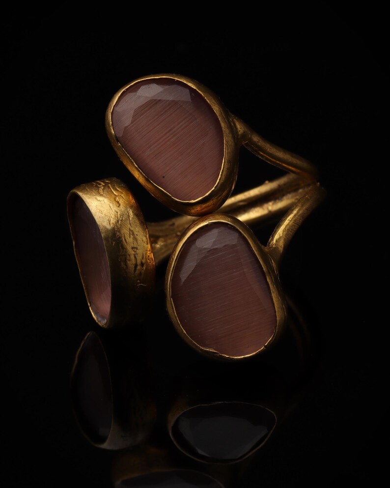 22K Gold-Plated Three Stone Ring, Cocktail Ring, Statement Ring, Heather Pink and Mulberry Ring, Chunky Ring, Gothic Ring image 5