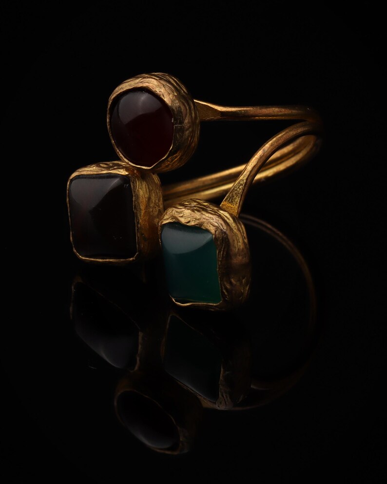 Red and Teal Adjustable Ring, 22K Gold-Plated Statement Piece image 5