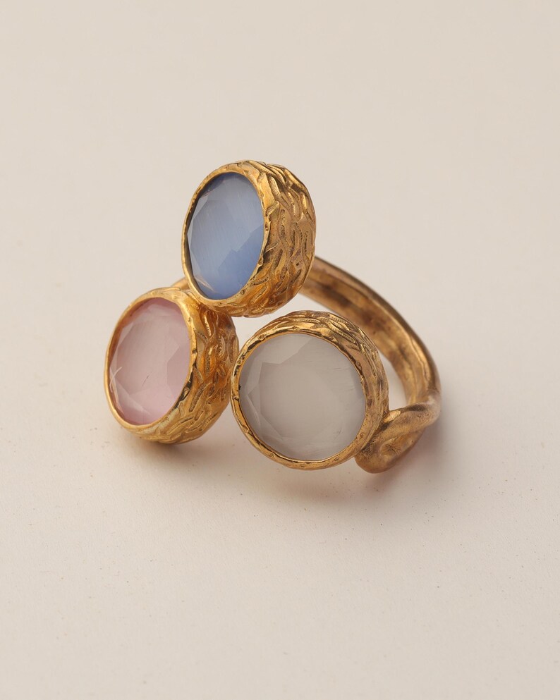 Pink and Grey Art Deco Ring, 22K Gold-Plated Adjustable Piece 画像 9