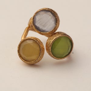 Statement Ring, Butterscotch and Olive Ring, Bold Ring, Cocktail Ring, 22K Gold-Plated Three Stone Ring, Chunky Ring image 7