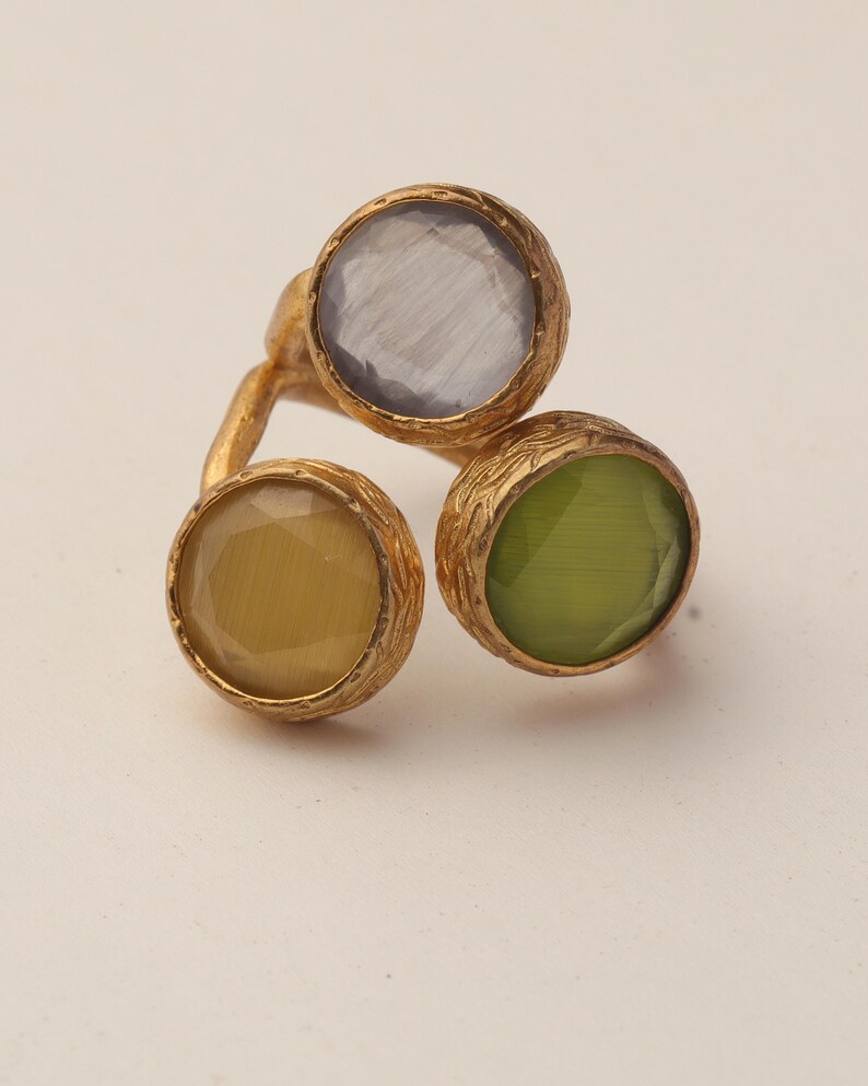Statement Ring, Butterscotch and Olive Ring, Bold Ring, Cocktail Ring, 22K Gold-Plated Three Stone Ring, Chunky Ring image 7