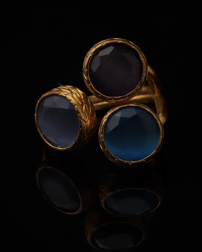 Cottagecore Ring, 22K Gold-Plated Ring, Denim Blue and Navy Ring, Turkish Ring, Ornate Ring, Art Deco Ring, Vintage Ring image 4