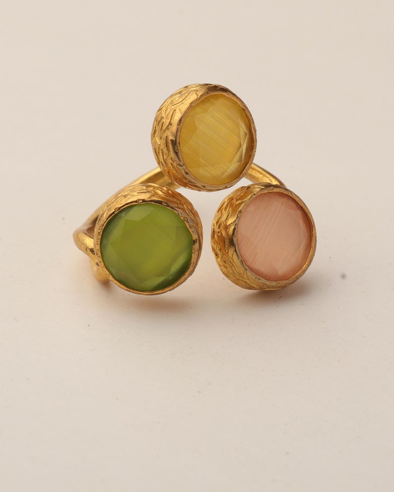Orange and Green Statement Ring, 22K Gold-Plated Adjustable Band image 7