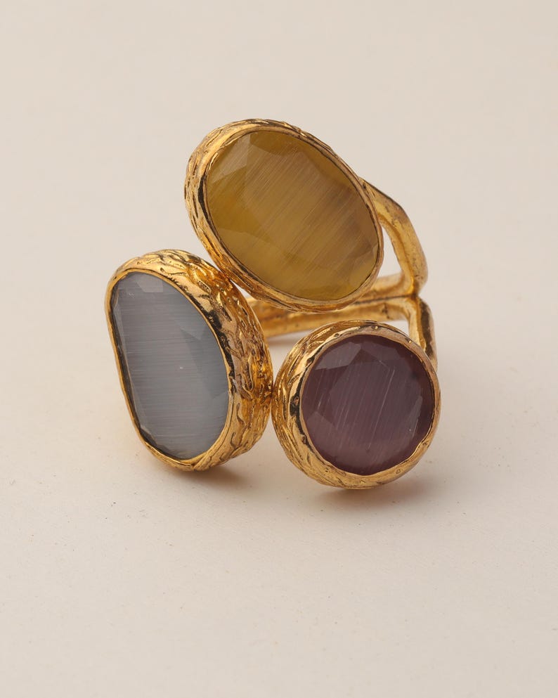 Marigold and Cream Ring, Whimsical Ring, Artisan Ring, Vintage Style Ring, 22K Gold-Plated Adjustable Ring, Multi Stone Ring image 8