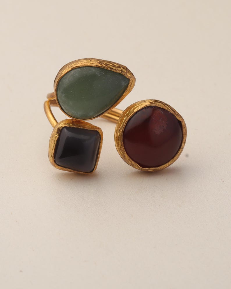 Sage Green and Burgundy Gothic Ring, 22K Gold-Plated Adjustable Style image 7