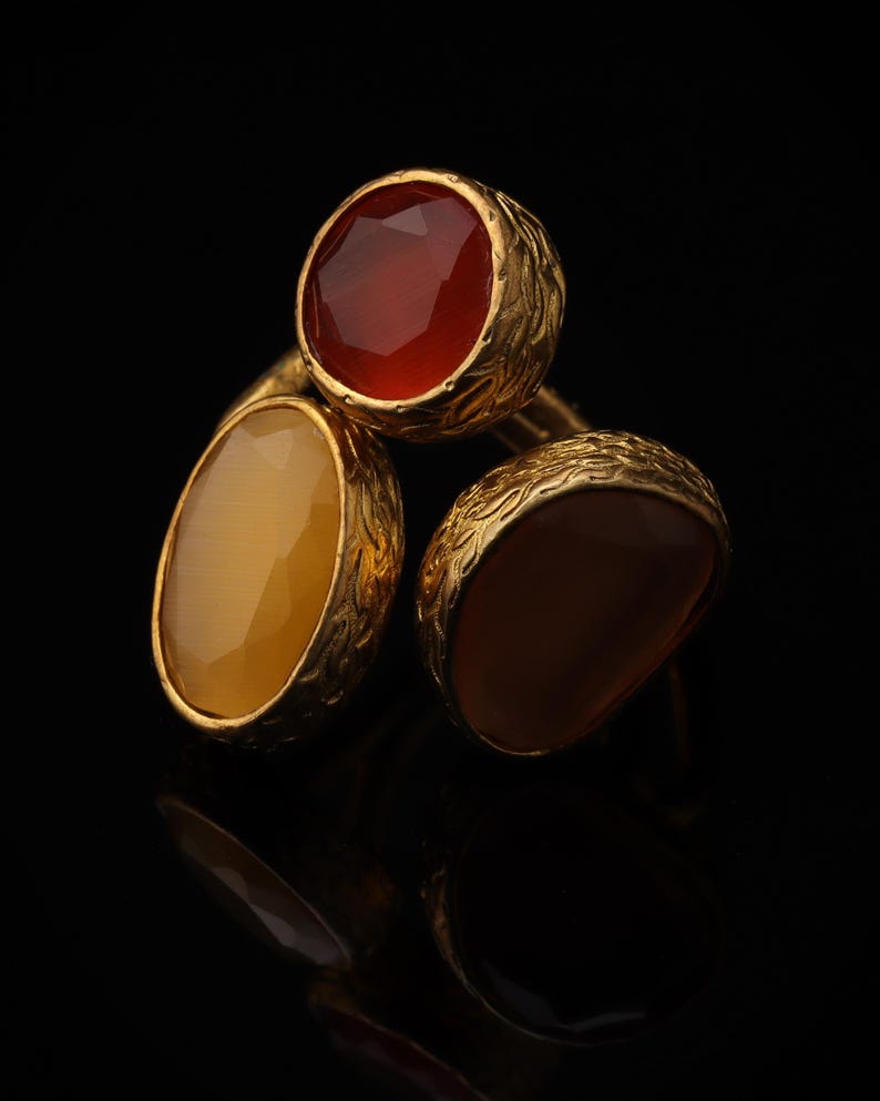 Red and Brown Cocktail Ring, 22K Gold-Plated Boho Band image 4