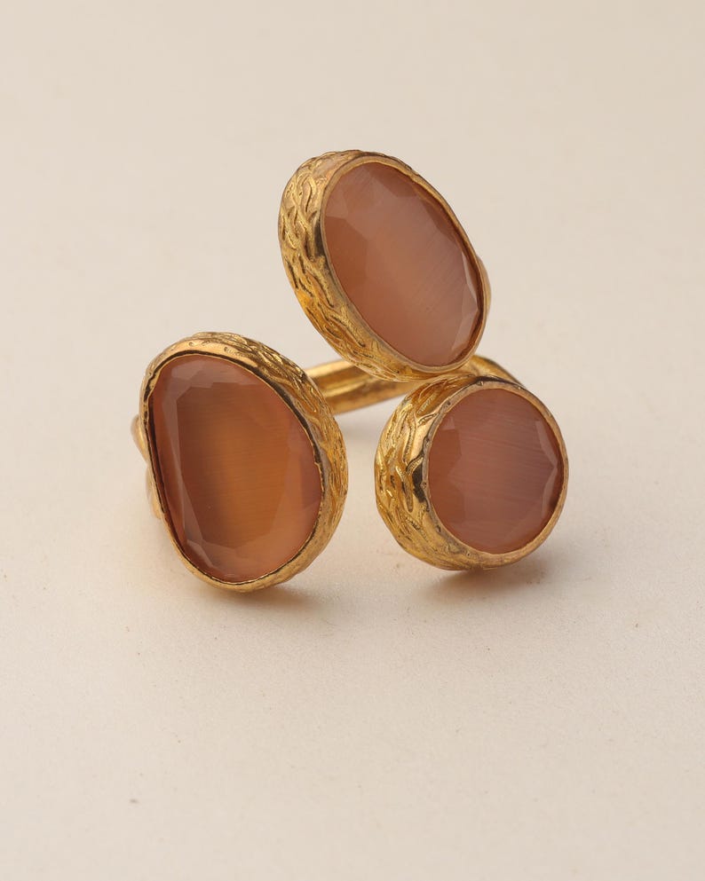 22K Gold-Plated Three Stone Ring, Turkish Ring, Terracotta and Blush Pink Ring, Chunky Ring, Ornate Ring, Maximalist Jewelry image 7