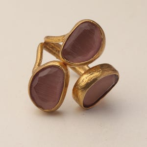 22K Gold-Plated Three Stone Ring, Cocktail Ring, Statement Ring, Heather Pink and Mulberry Ring, Chunky Ring, Gothic Ring image 7